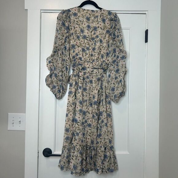 Anthropologie Moon River Blue Floral Midi Dress Tie Waist Ruffle Size Small - Picture 2 of 6
